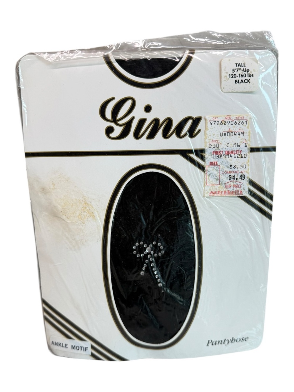Gina Ankle Motif Pantyhose Tall Black Rhinestone Bow NOS USA